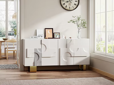 White Sideboard with Geometric Patterns and Golden Legs Topped with Photo Frames Vase and Plant 3d model