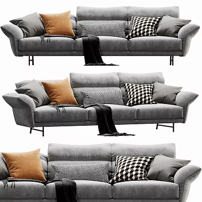Gray Velvet Three Seater Sofa With Orange Checkered Pillows And Black Blanket 3d model