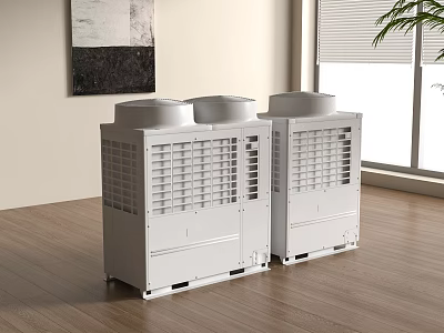 Three Modern White Air Cooler Units Standing On Wooden Floor In Room 3d model