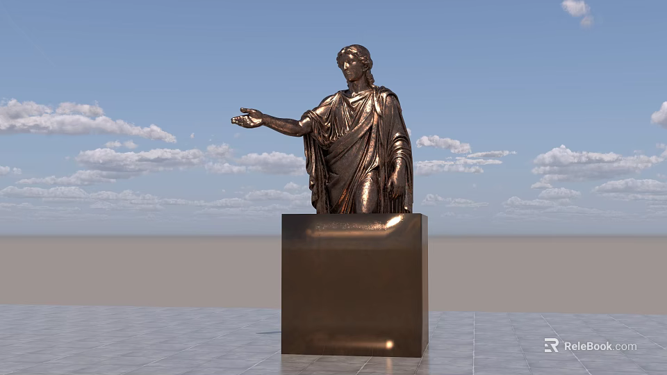 Bronze Classical Figure Landscape Sculpture On Square Pedestal With Blue Sky And White Clouds 3d model 