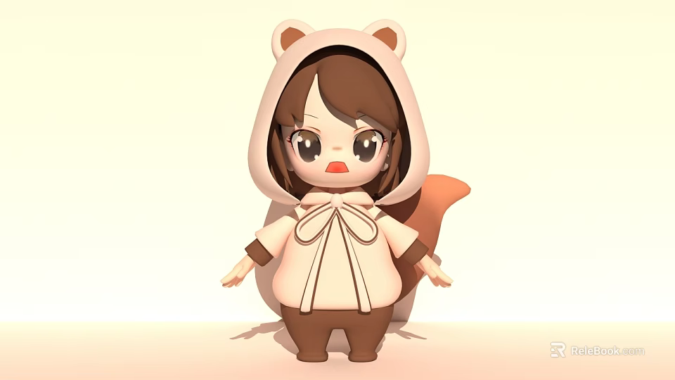 Cute Cartoon Style Game Movie Character With Brown Hair Squirrel Costume Bow And Tail 3d model 