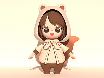 Cute Cartoon Style Game Movie Character With Brown Hair Squirrel Costume Bow And Tail 3d model