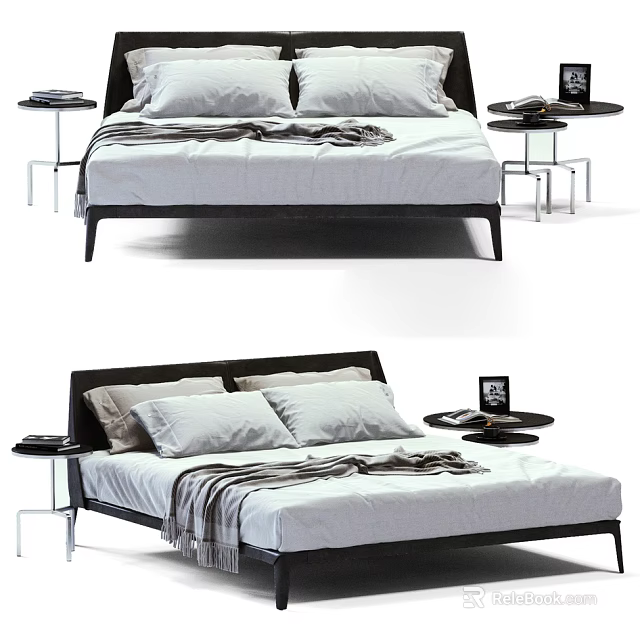 Stylish Double Bed With Black Frame White Pillows Blanket And Bedside Tables 3d model