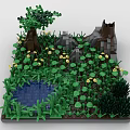 Creative Building Blocks Scene with Green Plants Yellow Flowers Small Pond and Rocky Structure