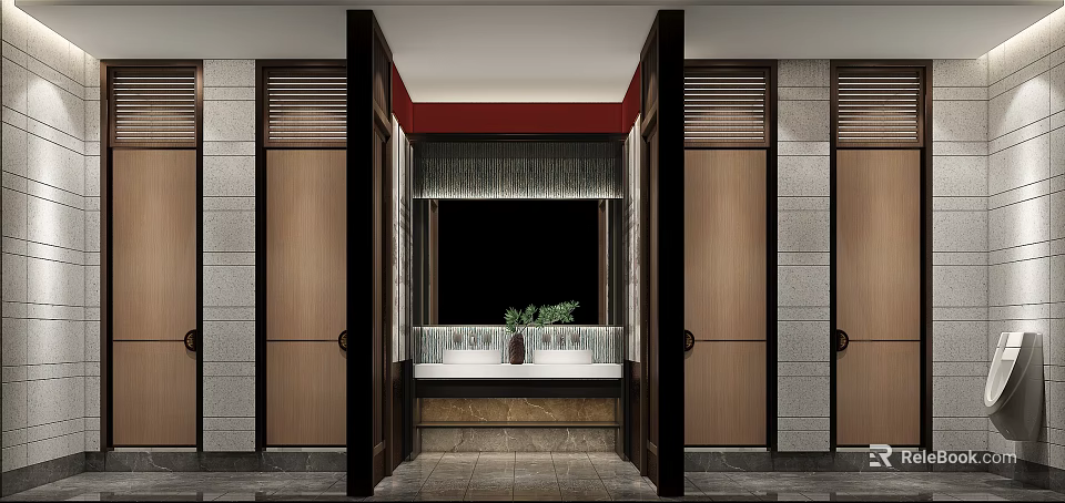 Traditional Chinese Restaurant Entrance With Wooden Doors Red Accent Marble Counter And Green Plants 3d model 
