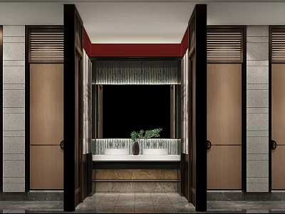Traditional Chinese Restaurant Entrance With Wooden Doors Red Accent Marble Counter And Green Plants 3d model