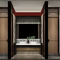 Traditional Chinese Restaurant Entrance With Wooden Doors Red Accent Marble Counter And Green Plants