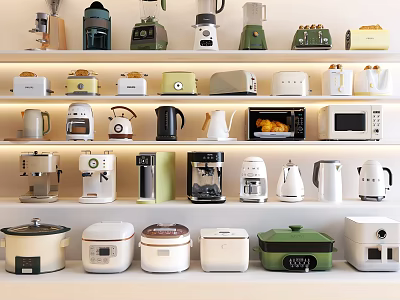Various Modern Kitchen Appliances Showcase Stylish Designs And Types On Shelves 3d model