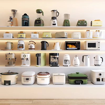 Various Modern Kitchen Appliances Showcase Stylish Designs And Types On Shelves 3d model
