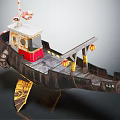 Wooden Model Boat With Dark Hull Red Cabin Lanterns Ladder And Song 231