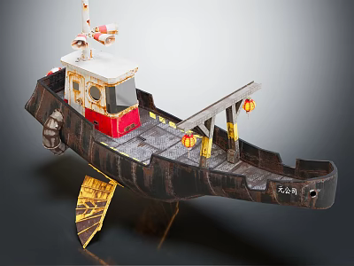 Wooden Model Boat With Dark Hull Red Cabin Lanterns Ladder And Song 231 3d model