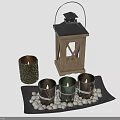 Wooden Lantern And Scented Candles On Black Tray With Decorative Beads