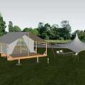 Elegant Glamping Tent With Wooden Deck And Canopy In Outdoor Grass Area With Trees
