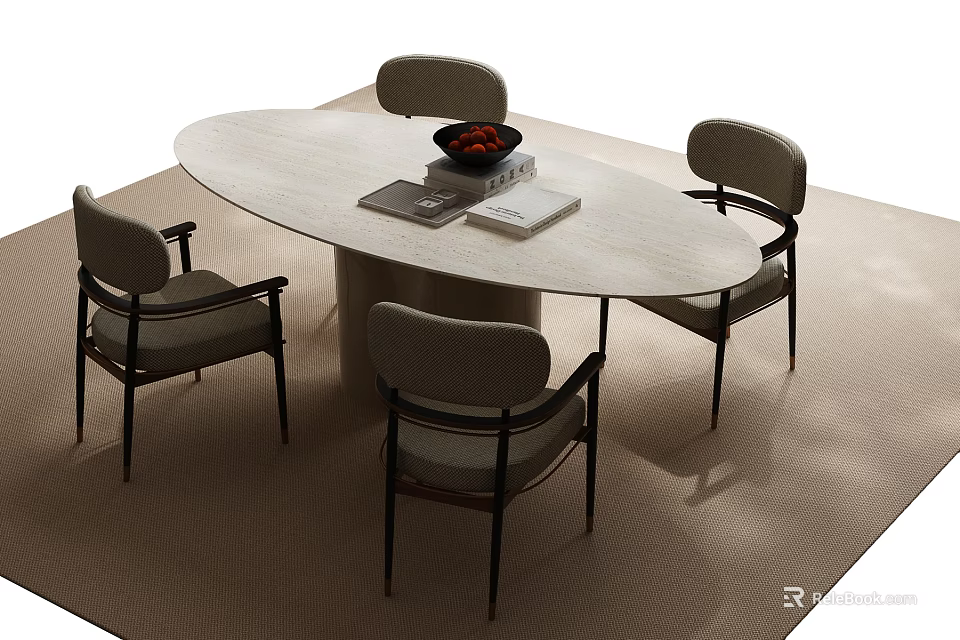 Modern Dining Table Set with Oval Light Colored Tabletop Four Chairs Black Bowl and Books 3d model 