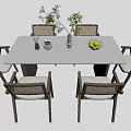 Modern White Rectangular Dining Table Set With Six Rattan Chairs And Green Plant Fruit Bowl 3d model