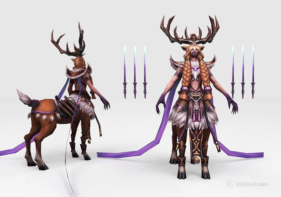 Game Movie Characters With Deer Like Creature Humanoid Antlers Elaborate Attire Purple Ribbons And Candles 3d model 