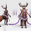 Game Movie Characters With Deer Like Creature Humanoid Antlers Elaborate Attire Purple Ribbons And Candles