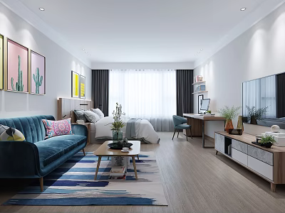 Bright Modern Apartment Interior With Blue Sofa Rug Bed Desk Artworks And Plants 3d model