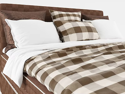 Double Bed with Brown Headboard Plaid Bedding White and Brown Pillows 3d model