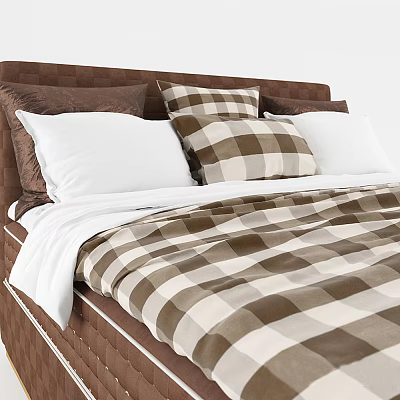 Double Bed with Brown Headboard Plaid Bedding White and Brown Pillows 3d model