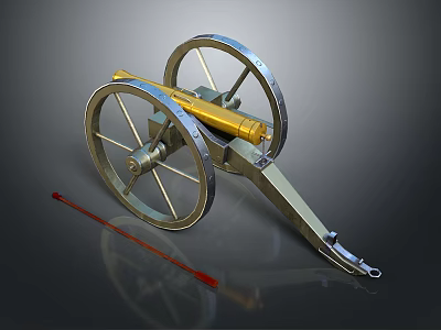 Vintage Brass Cannon With Large Wooden Wheels And Red Ramrod 3d model