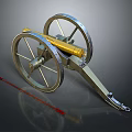 Vintage Brass Cannon With Large Wooden Wheels And Red Ramrod