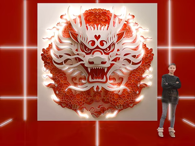 Large Red Dragon Wall Decoration With Lighting And Person Standing Beside 3d model
