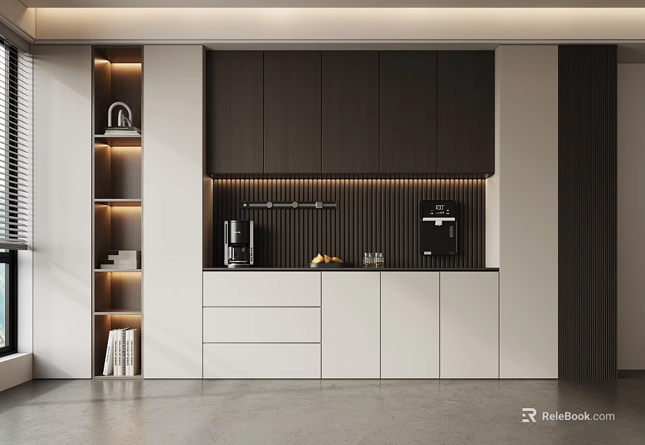 Modern Wine Cabinet Featuring Dark Wood Cabinets White Drawers LED Lighting And Open Shelves 3d model 