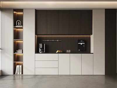 Modern Wine Cabinet Featuring Dark Wood Cabinets White Drawers LED Lighting And Open Shelves 3d model
