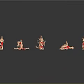 Human Figures in Red Outfits Performing Dynamic Poses in Circular Formation on Reflective Ground