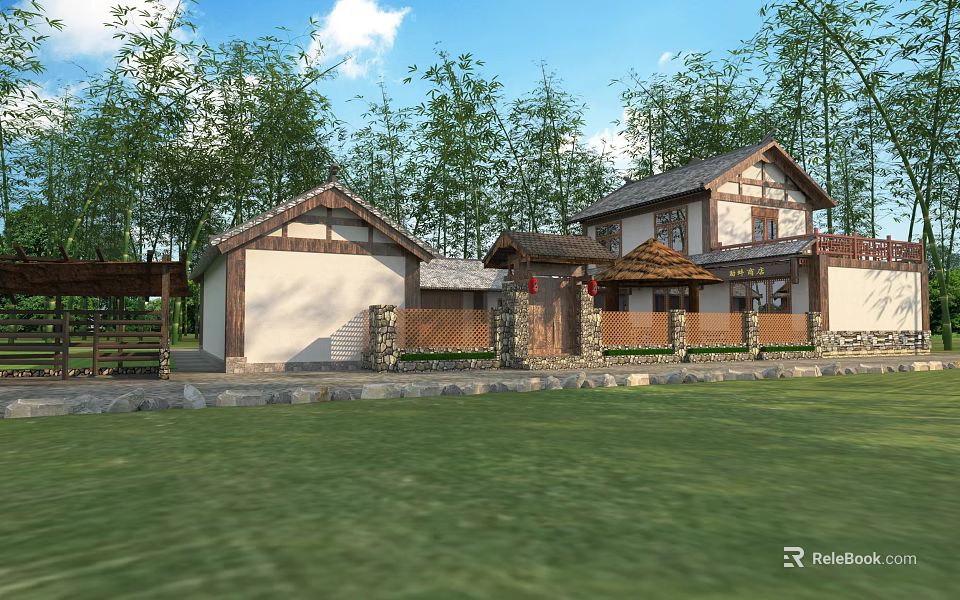 Traditional Garden Landscape With Classic Houses Green Trees And Lush Lawn 3d model 