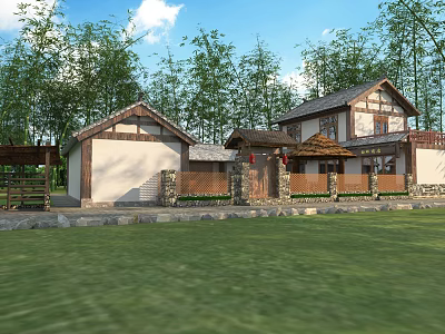 Traditional Garden Landscape With Classic Houses Green Trees And Lush Lawn 3d model