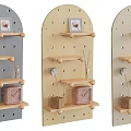 Modern Wall Decor With Wooden Shelves Gray Beige Photo Frames And Vases