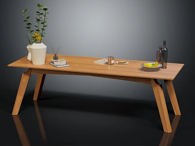 Minimalist Modern Solid Wood Coffee Table With Vase Plants Books Bowl And Bottles 3d model