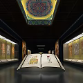 Museum Exhibition Hall With Open Book Display Scroll Paintings And Ceiling Art 3d model