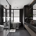 Modern Bathroom Interior With Glass Shower Bathtub Large Mirror And Dark Tones
