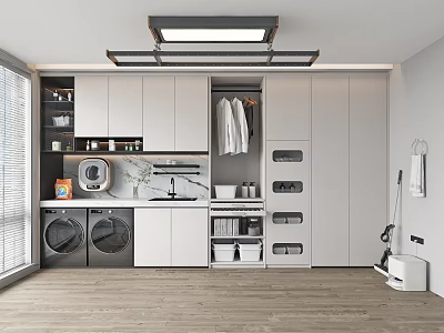 Home Balcony Modern Laundry Area With Washing Machine Dryer Storage Cabinets Hanging Space And Sink 3d model