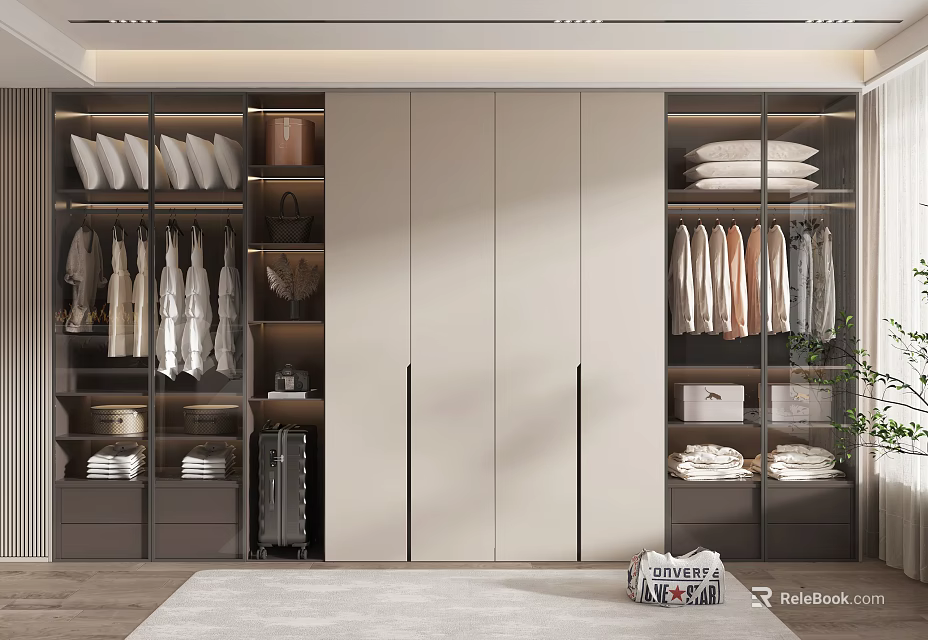Modern Wardrobe With Glass Doors And Organized Storage 3d model