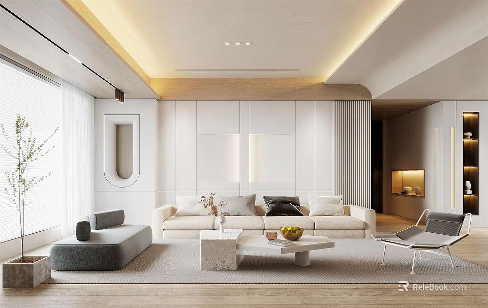 Modern Living Room Interior With Light Sofa Marble Coffee Table And Floor to Ceiling Windows 3d model 