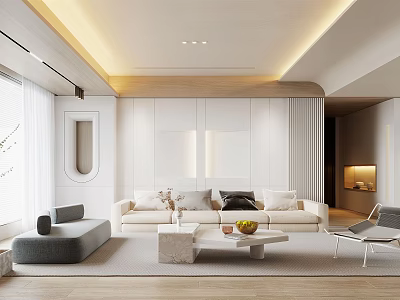 Modern Living Room Interior With Light Sofa Marble Coffee Table And Floor to Ceiling Windows 3d model