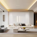 Modern Living Room Interior With Light Sofa Marble Coffee Table And Floor to Ceiling Windows