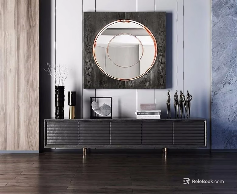 Modern Dark Textured TV Stand With Round Mirror Vases Photo Frame Books Sculptures 3d model 