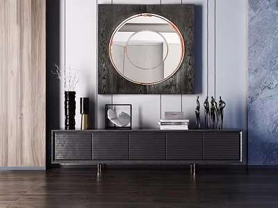 Modern Dark Textured TV Stand With Round Mirror Vases Photo Frame Books Sculptures 3d model