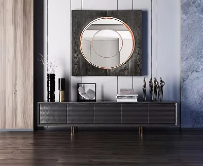 Modern Dark Textured TV Stand With Round Mirror Vases Photo Frame Books Sculptures 3d model