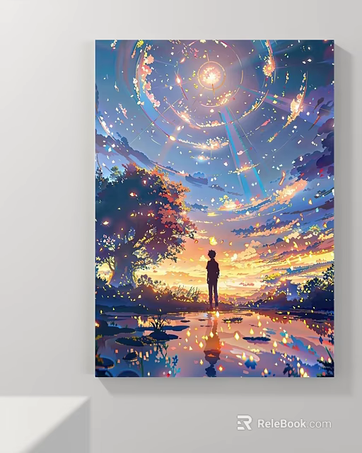 Vibrant Landscape Painting With Silhouette Tree Reflecting Water And Colorful Sky 3d model 