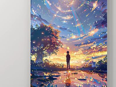 Vibrant Landscape Painting With Silhouette Tree Reflecting Water And Colorful Sky 3d model