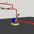 Industrial Equipment System With Red Pipes Blue Pump Valves And Pressure Gauge