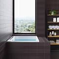 Modern Bathroom Interior With White Pedestal Washbasin Dark Tile Walls And Bathtub