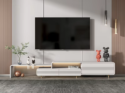 Modern White TV Stand With Large TV Decorative Figurines Green Plant And Hanging Lamps 3d model