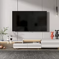 Modern White TV Stand With Large TV Decorative Figurines Green Plant And Hanging Lamps